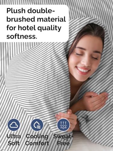 Image of Duvet Cover Cal King Size - 3 Piece with Zipper Closure - Grey Stripes
