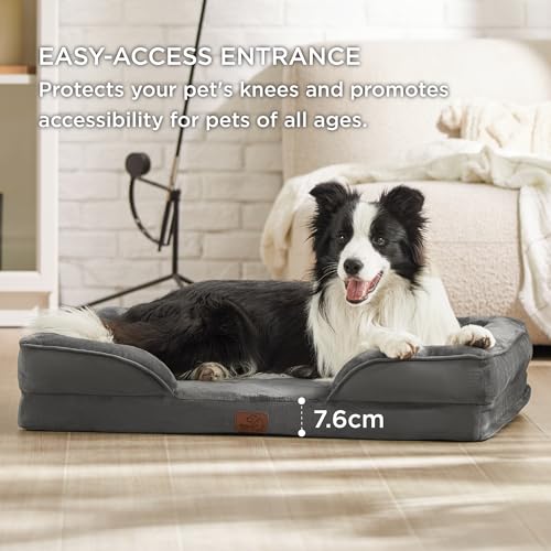 BEDSURE orthopädisches Hundebett Ergonomisches Hundesofa - 89x63 cm Hundecouch mit eierförmiger Kistenschaum für mittlere Hunde, waschbar rutschfest Hundebetten, dunkelgrau