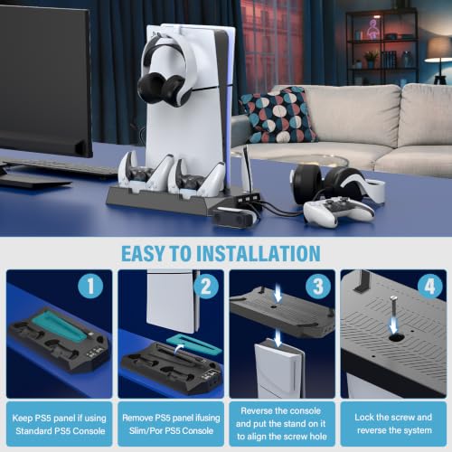 PS5 Slim Stand and Cooling Station with Controller Charging Station for Playsation 5 Slim&Standard Disc/Digital Console, PS5 Accessories Incl. Charger/Turbo Fan/3 USB Hub/Headset Holder - Black by CYKOARMOR - Used condition - Image 7