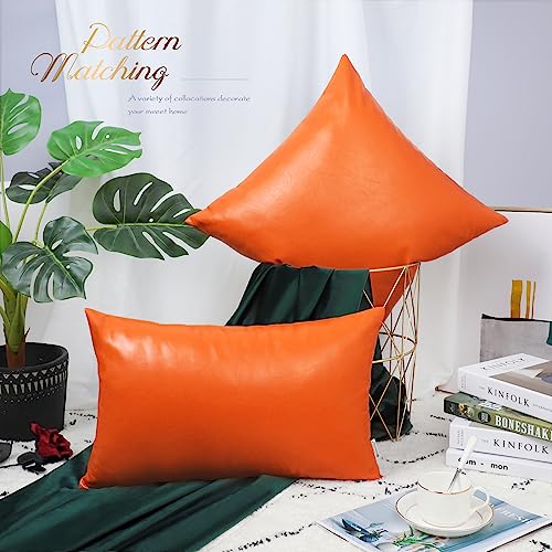 Image of BRAWARM Pack of 2 Cozy Bolster Pillow Covers Cases for Couch Sofa Bed Solid Faux Leather Soft Luxury Cushion Covers Both Sides Home Decoration 12 X 20 Inches Orange Rust