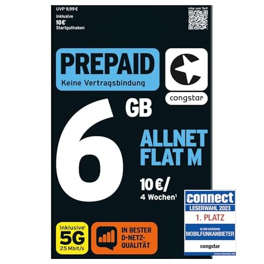 congstar Prepaid ALLNET M SIM-Karte ohne Vertrag I Allrounder Prepaid-Paket in D-Netz-Qualität I 4 GB LTE mit 25 Mbit/s + 10€ Startguthaben I Telefonie & SMS Flat in alle dt. Netze I EU-Roaming inkl.