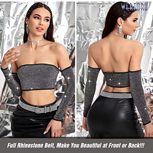 Werforu Women Bling Rhinestone Soft Jeans Dress Belt Shiny Crystal Waist Belt With Silver Buckle, Black, 39.4" Length,Fit Size 27"-31" #TOP1