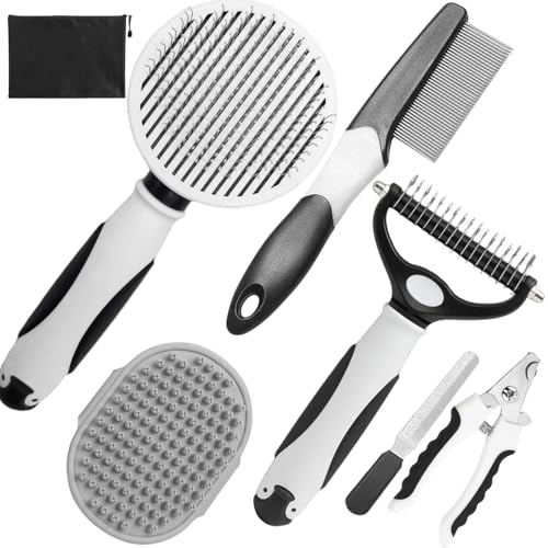 Image of Dog Brush for Shedding, 7 PCS Dog Grooming Brush Kit, Undercoat Rake, Slicker Brush, Deshedding Comb, Bath Brush, Nail Clipper for Long & Short Haired Dogs & Cats, Black