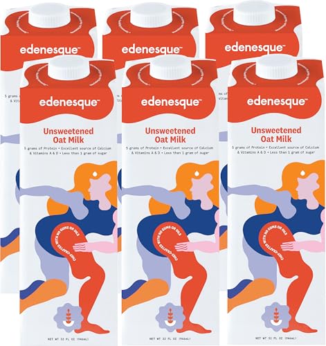 Edenesque Unsweetened Oat Milk - Plant Based Dairy-Free Milk & Non Dairy Coffee Creamer - Rich, Smooth, for Lattes, Smoothies, Coffee. Gluten Free, Vegan, Non-GMO, No Added Sugar (32oz, 6-Pack)