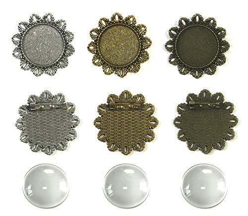 30pcs 25mm Brooch Cabochon Set: 15pcs Flower Shape Cabochon Frame Setting Tray Brooch with 15pcs Glass Dome for DIY Jewelry Making Jewelry Making DIY Findings (3 Color Mixed)