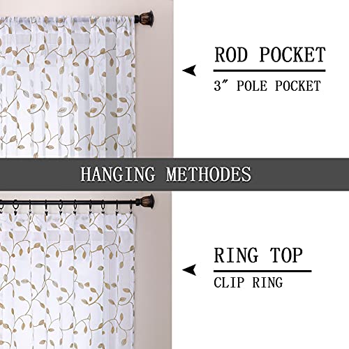 Tollpiz Leaves Short Sheer Curtains Taupe Leaf Embroidery Bedroom Curtain Rod Pocket Voile Faux Linen Embroidered Leaves Curtains For Living Room, 54 X 45 Inches Long, Set Of 2 Panels #TOP4