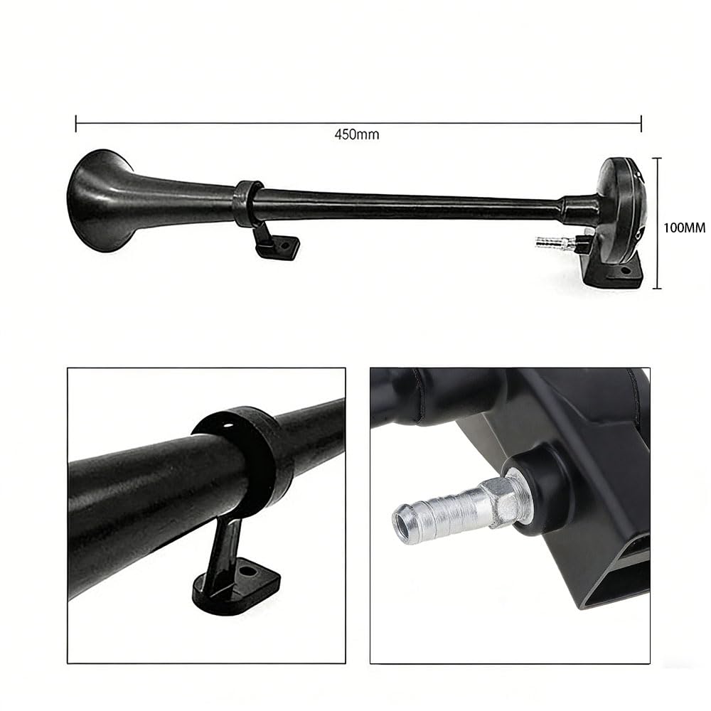Bocina de aire de 18 pulgadas, bocina de motocicleta de 150 dB, de un solo tubo negro, con compresor y bomba de aire, apta para todos los vehículos de 12V, como coches, camiones, motocicletas y barcos