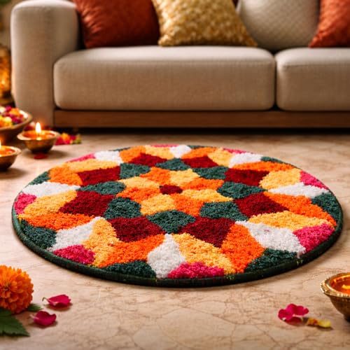 Image of Rangoli (60x60 cm) Super Soft Microfiber Decorative Mat Anti-Skid Door Mats for Home /Bathroom Mat /Bedroom /Kitchen /Floor Mat (Green & Orange)