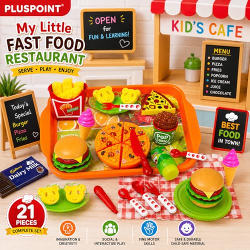Image of PLUSPOINT Pizza Party Fast Food Set Realistic Pizza Pretend Play Barger Fries and ice Cream with Tray Food Toy | Best Gifts Food playset for Boys Girls Kids 4yr+