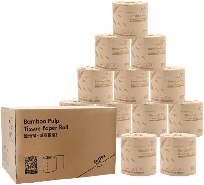 DrDirt Bamboo Toilet Paper 12 Rolls - 3-Ply Unbleached Soft Bathroom Tissue - 100% Virgin Bamboo Fiber Tree-Free and Septic Safe - Plastic-Free Packaging
