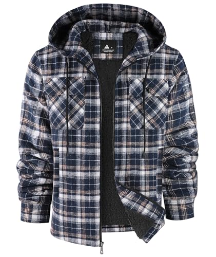 Image of V VALANCH Men's Flannel Shirt Jacket with Hood Fleece Lined Plaid Jacket Zip Up Winter Warm Coat