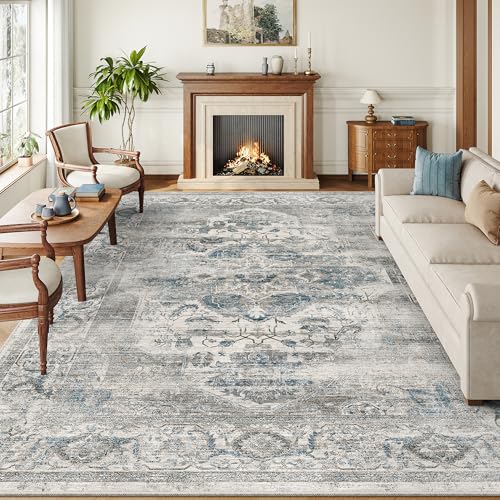 xilixili 8x10 Area Rugs for Living Room, Machine Washable Non Slip Vintage Rug, Non-Slip Stain Resistant, Large Soft Home Decor Rug for Bedroom Dining Room (Blue/Grey,8'x10') by xilixili - Used condition - US$76.18