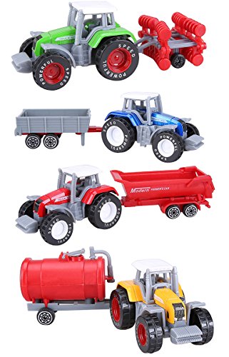 Cltoyvers 4 Pcs Metal Farm Tractor Trailer Toys Vehicle Play Set - Disc Plow, Water Tank, Wagon, Dump Trailer, Diecast Little Cars Set for 3, 4, 5 Years Old Toddlers Boys Christmas Xmas Birthday Gift