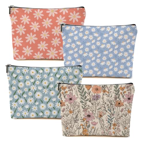 4pcs Vintage Floral Makeup Bag, Daisy Flower Cosmetic Bag Garden Gifts for Women Female Girls Sister BFF Nature Lover, Travel Zipper Pouch Christmas Thanksgiving Birthday Gifts