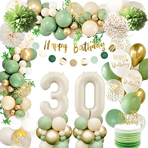 Decoration Anniversaire 30 ans,30 Ans Décorations Anniversaire de Fête en Vert Or,Deco 30 ans Ballon,Bannière Joyeux Anniversaire,PomPoms en Papier,Deco Anniversaire 30 ans pour Hommes Femmes Cover