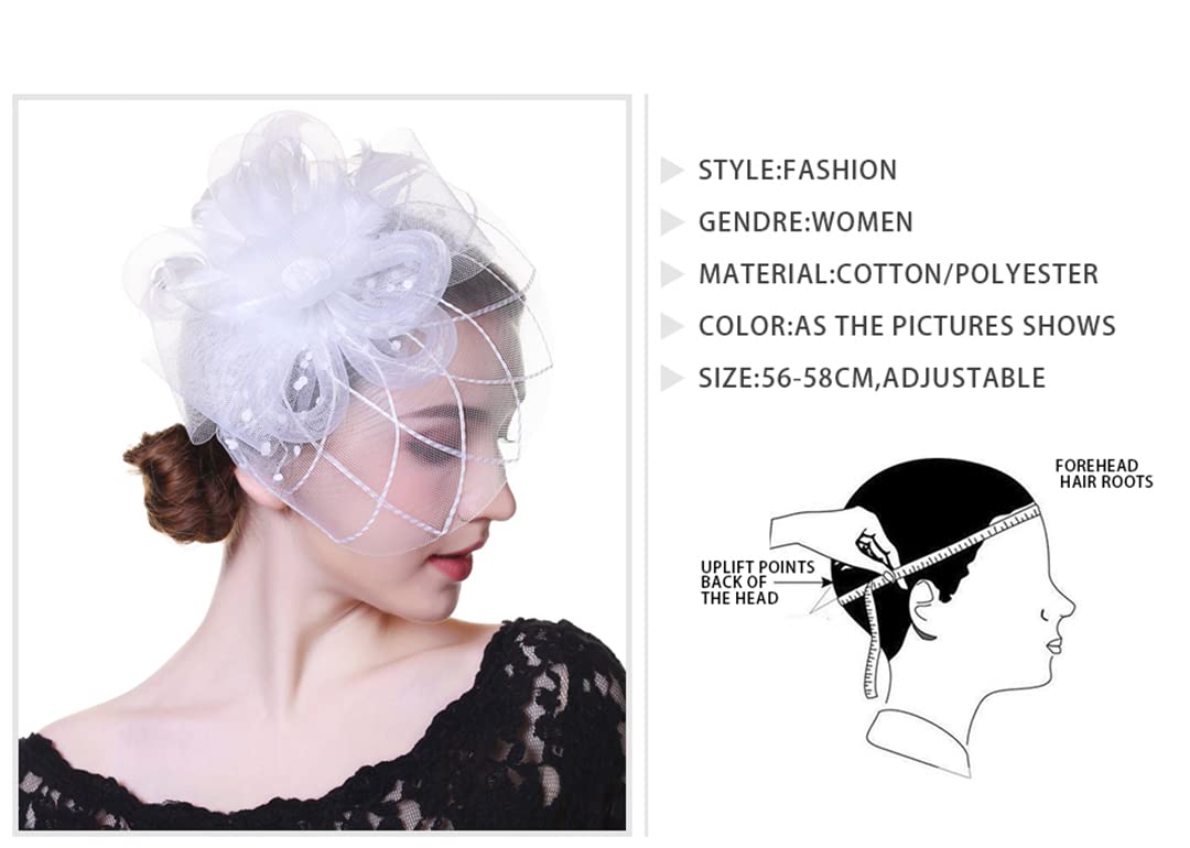 Cappello da donna con fiori, nastri in rete e piume, fascia for capelli o fermaglio for cocktail e tè.,Fermagli per capelli con fiori e piume(9063)