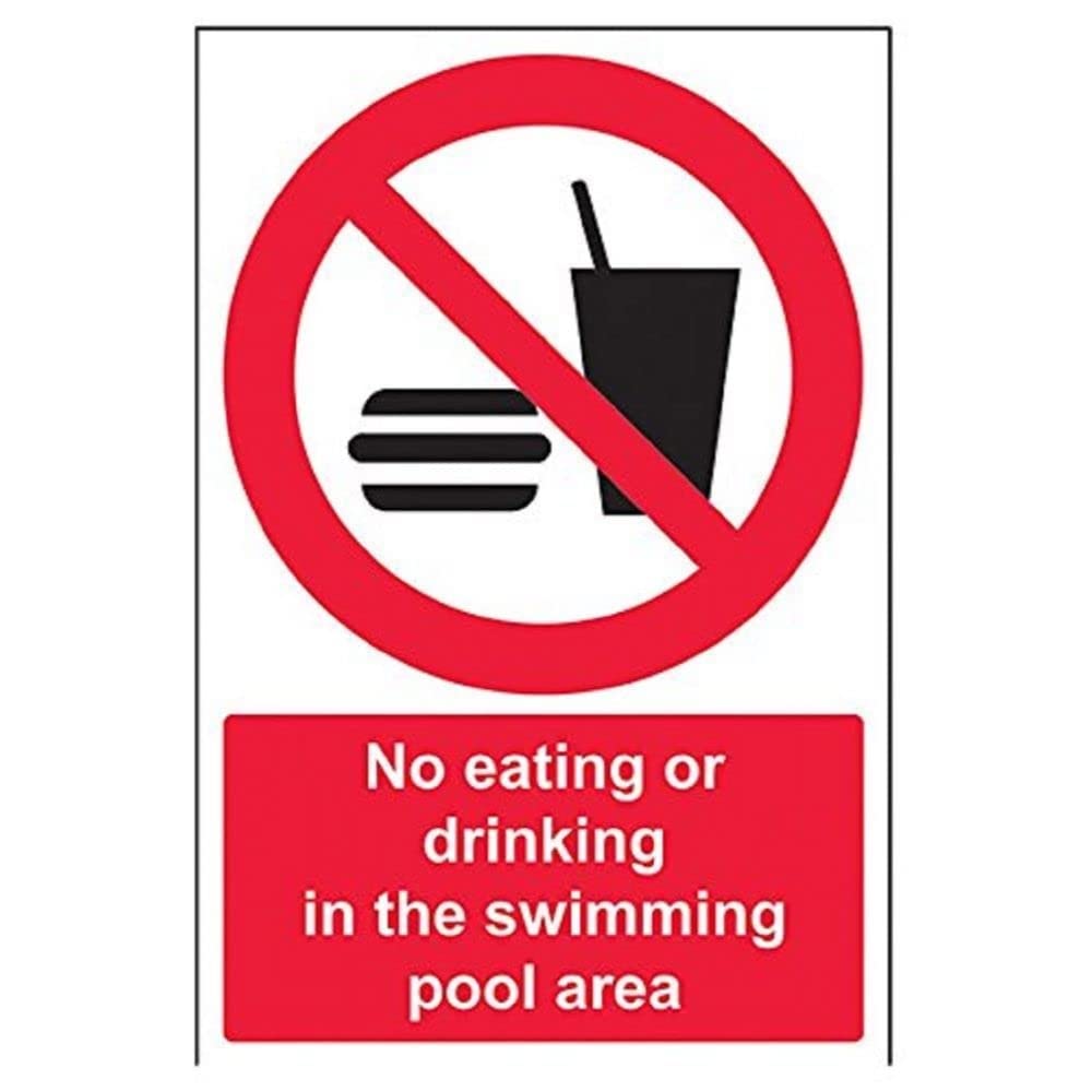 V Safety No Eating Or Drinking In The Swimming Pool Area Prohibition Sign - 200mm x 300mm - Self Adhesive Vinyl