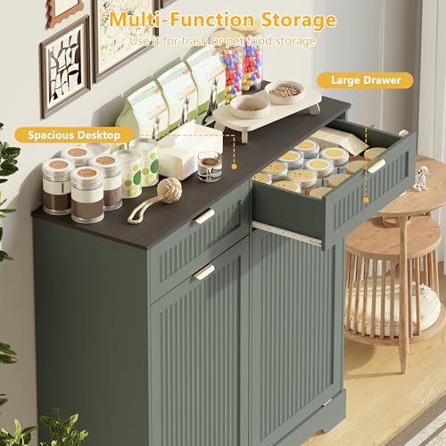 Image of Double 13 Gallon Tilt Out Trash Can Cabinet,Garbage Cabinet with Drawer | Hidden Garbage Storage with Fluted Design, Drawer & Hooks for Kitchen, Dining Room and Small Space Organization,Green