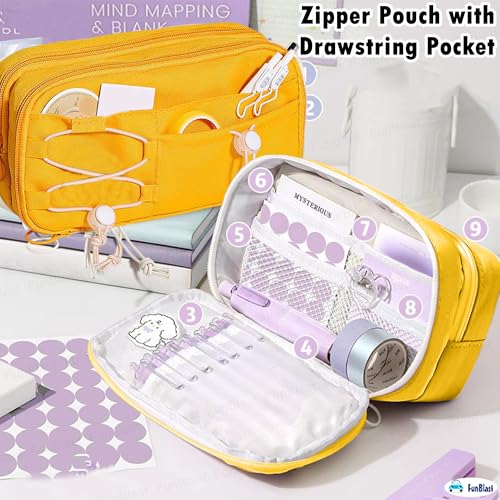 Image of FunBlast Pencil Pouch for Girls - Aesthetic Multi-Compartment Zipper Pouch with Drawstring Pocket, Cute Kawaii Pencil Case, Stylish Stationery Pouch, Return Gift for Kids & School Use (Yellow)