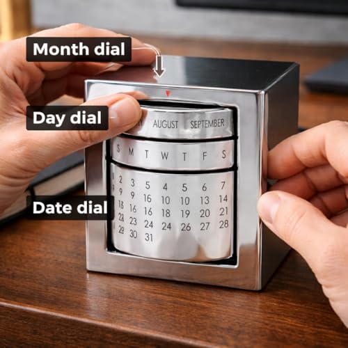 Image of ZAHEPA Stainless Steel Perpetual Desk Calendar, Reusable Rotating Metal Block Calendar for Office Table & Home Decor, Stylish Gift for Professionals, Students & Corporate New Year Gifting (Silver)