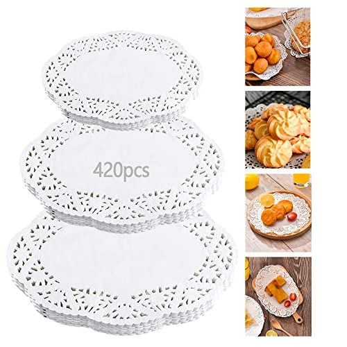 DXIA 420 Pieces White Ellipse Lace Paper Doilies,Cake Packaging Paper Pad, Doilies Hollowed Doilies, Assorted Sizes 6.5 Inch, 7.5 Inch, 8.5 Inch,for Wedding Party Birthday Decoration