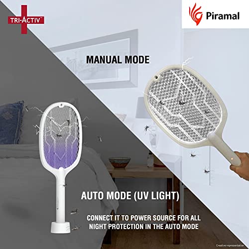 Tri-Activ-Mosquito-Racket-2-in-1-Dual-Mode-Rechargable-Bat-Zapper-by-Piramal-with-UV-Light-self-Supporting-Stand-Insect-Killer-Fly-Swatter-1200-mAh-Li-ion-Battery-White