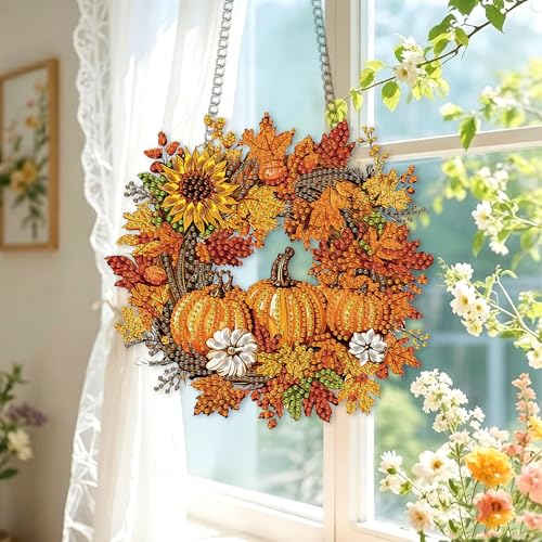 JFYHAB Halloween Diamond Art Hanging Kits for Adults Beginners, DIY Acrylic 5D Special Shaped Crystal Diamond Gem Art Painting Hanging Ornament for Home Wall Decor and Gift（Fall Pumpkin Wreath） by JFYHAB - Used condition - Image 2