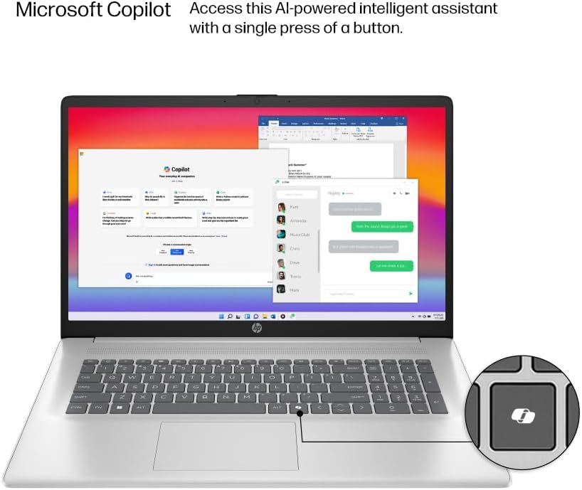 HP laptop keyboard with Microsoft Copilot key highlighted