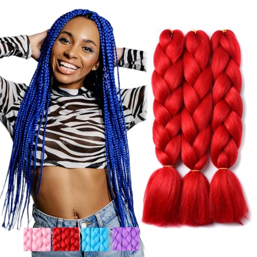 BUYOGET Jumbo Braiding Hair Extensions for Women 3 Bundles 24 Inch High Temperature Kanekalon Braiding Hair for Twist Crochet Box Braids Red