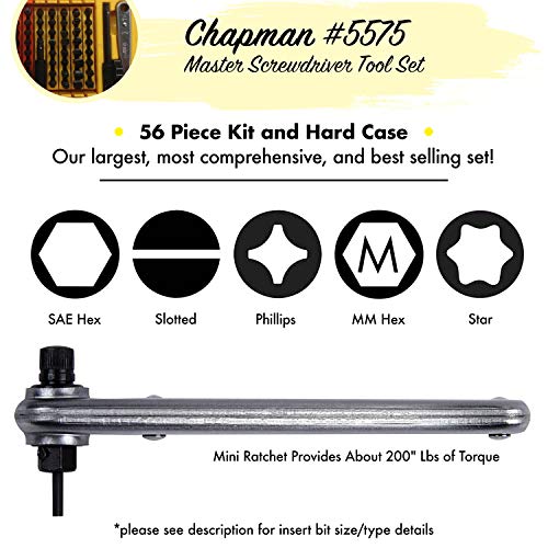 Chapman Mfg 5575 Master Screwdriver Set - Includes Phillips, Metric, Slotted, Sae & Metric Hex Bits, Star Bits (For Torx Screws) - Complete Set Offers 51 Usa Made Insert Bits & 300+ Combinations #TOP2