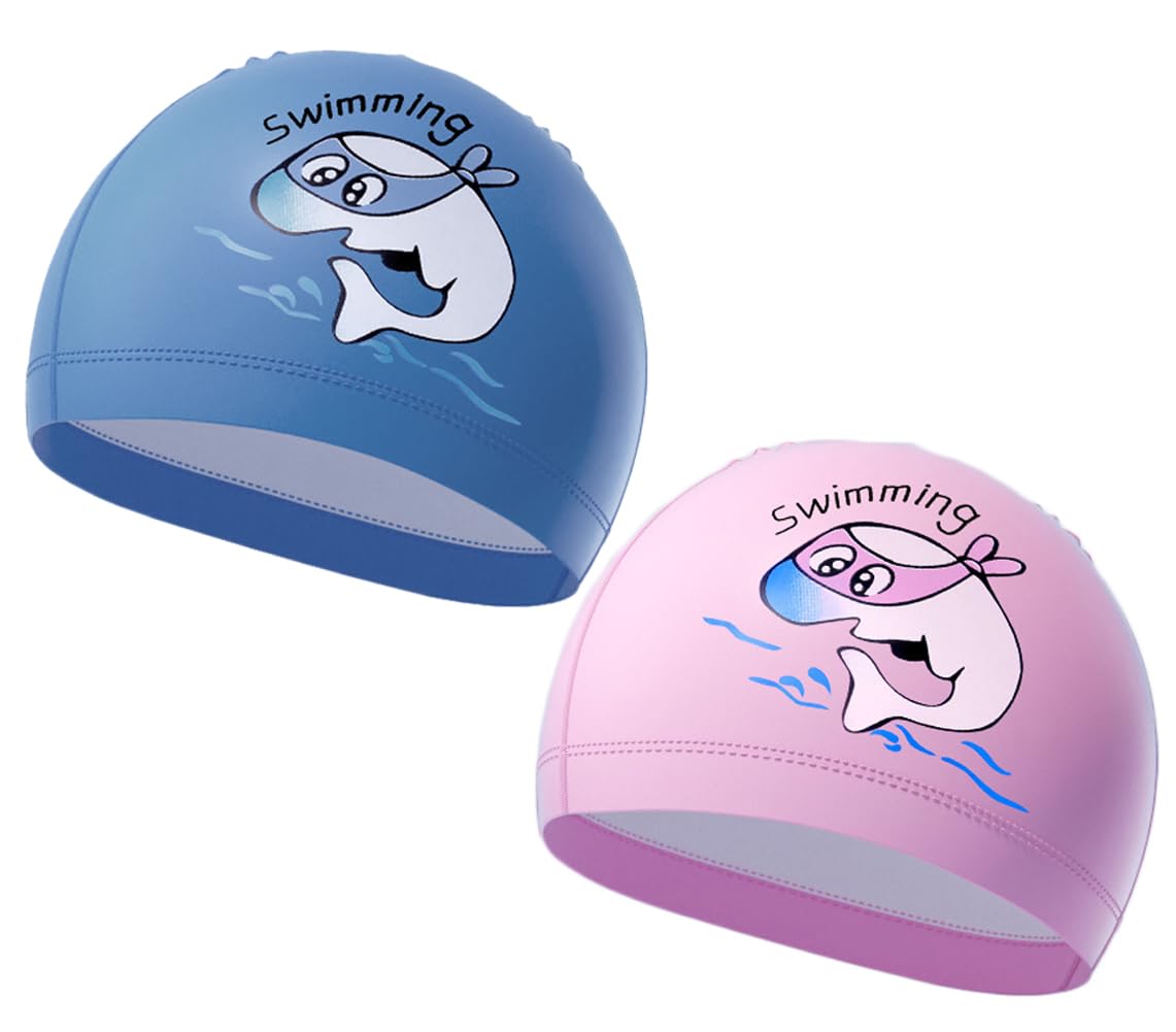 2 Pack Cute Dolphin Kids PU Fabric Swimming Caps 3-12 Years Girls Boys Breathable Waterproof Swim Hat Child Anti Slip Stretchy Cosy Swim Turban Cap Hair Wrap Cover Pool Cap