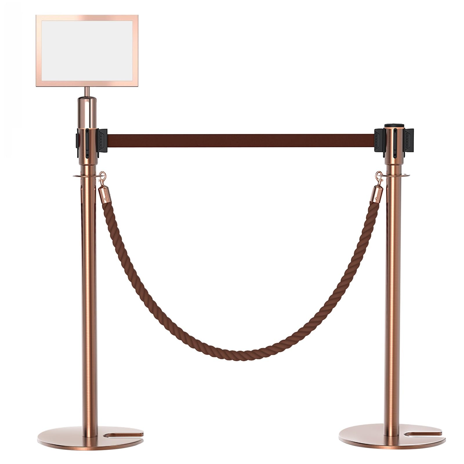 2 postes de soporte con soporte horizontal para carteles, cinturón retráctil de 6 pies y cuerda de terciopelo de 5 pies, barrera de control de multitudes de acero inoxidable para fiestas