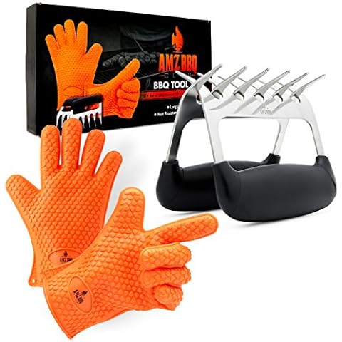 AMZ BBQ CLUB Ultimate Barbecue Accessories Set With Pulled Pork Claws - Heat Resistant Gloves And Pulled Pork Shredder Makes A Perfect Smoker Accessories Gifts For Men (Orange-Gloves-Metal-Claws) Cover