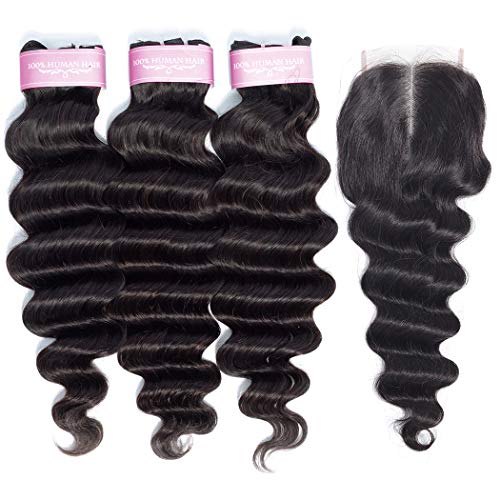 Loose Deep Wave Human Hair Bundles With Closure 9A Unprocessed Loose Wave Brazilian Deep Curly Weave Hair Human Bundles With Lace Closure 4x4Inch (16 18 20+14) Remy Human Hair Bundles Natural Black