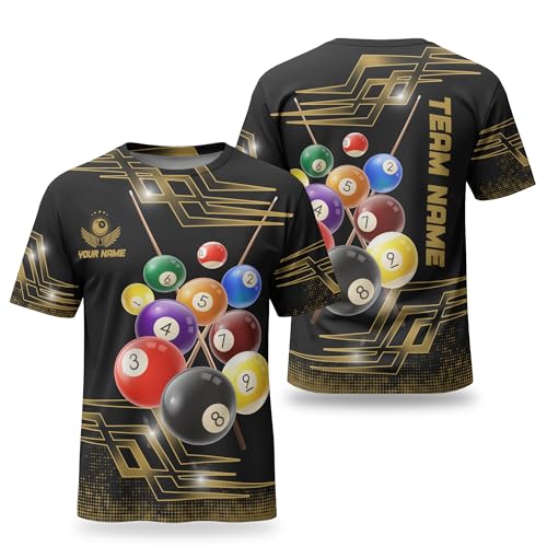 Custom Pool Tee for Team 3D Nine Ball Pool and Gold Geometric Pattern Shirt Customizable Billiard T-Shirt 1XL