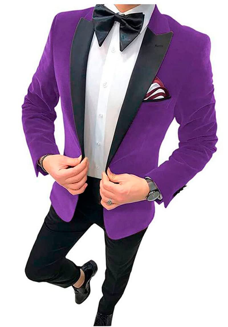 2 PC Slim Fit Terciopelo Hombres Traje Pico Solapa Un Botón Traje De Negocios Chaqueta Pantalones Boda Esmoquin, Morado (, 40