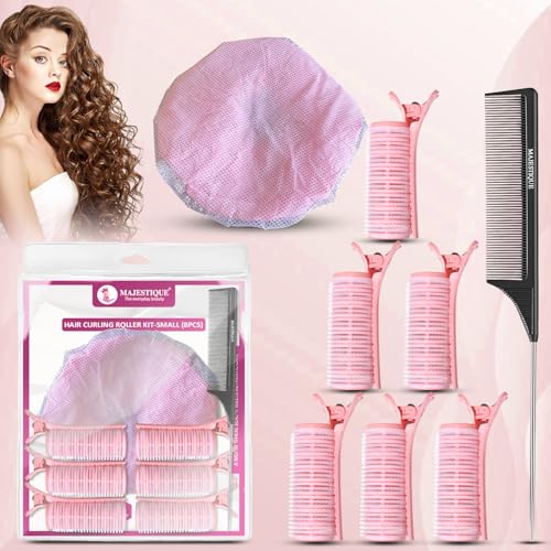 Image of Majestique Hair Curler Roller Kit with Reusable Shower Head Cap - Hair Roller Curler for Volume & Styling | Velcro Hair Rollers with Tail Comb & Clips | Heatless Hair Curler Set for Women | Hair Styling Tools 8Pcs Multicolour (Multicolor, Small)