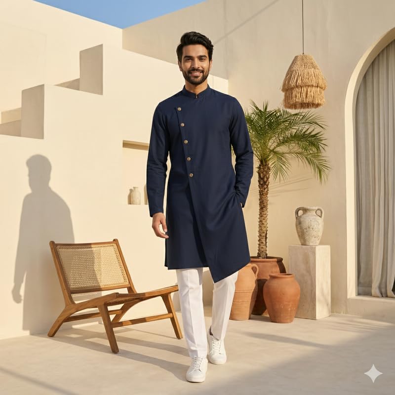 Image of OOMPH! Men's Ethnic Traditional Asymmetric Kurta Polycotton Regular Fit | High Neck Full Sleeves | Traditional Indian Festive Kurta | Stylish Casual and Wedding