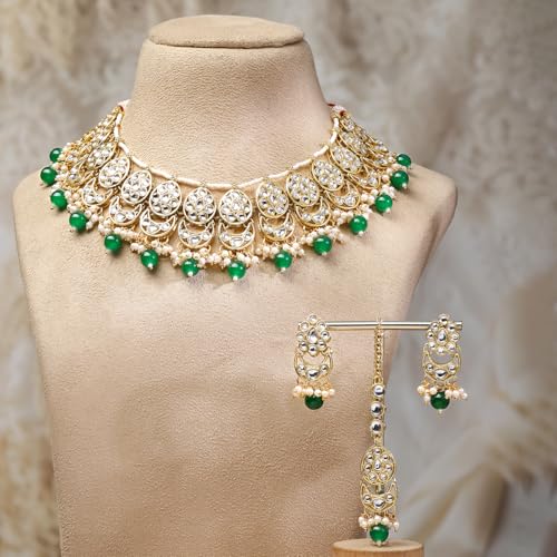 Image of Rubans Necklace Maangtikka Set Gold Plated Kundan & Pearl Jewellery Gift for Women & Girls