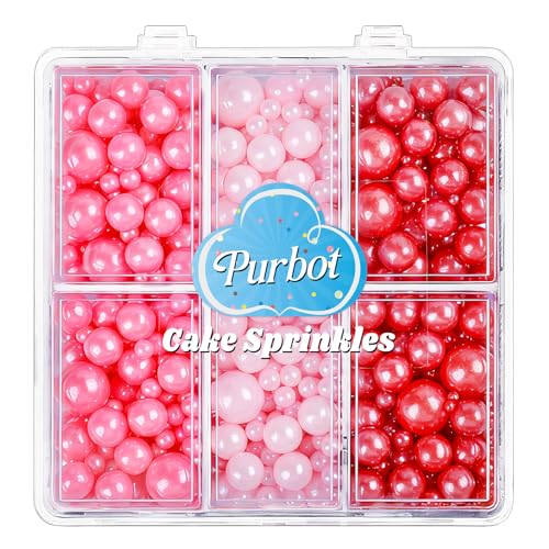 Pink And Red Pearl Sprinkles For Cake Decorating Edible, Valentines Sprinkles With 4 Sizes Sugar 130G/4.6Oz, Cupcake, Ice Cream, Donuts, Macaron Toppings Supplies (2Mm, 4Mm, 7Mm, 1Cm)