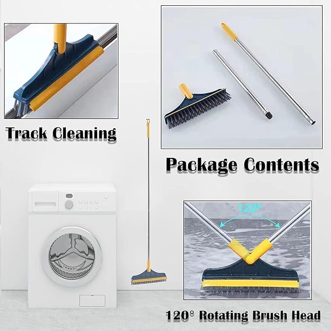 Image of 2 in 1 Toilet Bathroom Cleaning Brush with Wiper and Long Handle - 180 Rotate Floor Scrub Brush for Tiles, Home Kitchen Bathroom Accessories