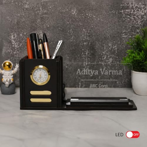 Image of Deskart Customized LED Name Plate Pen Stand with Clock for Office Desk | Wooden MDF Desk Organizer with Warm LED Acrylic Name Plate with Adapter