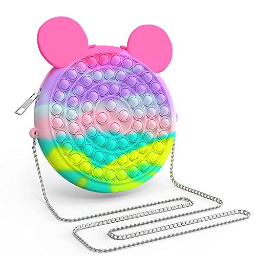 GEEKBOY Pop Purse for Girls, Macaron Mouse Fidget Purse Pop Bag Rainbow Cute Pop Crossbody Bag Fidget Toy, Metal Chain Silicone Shoulder Bag for Girls Christmas Gift