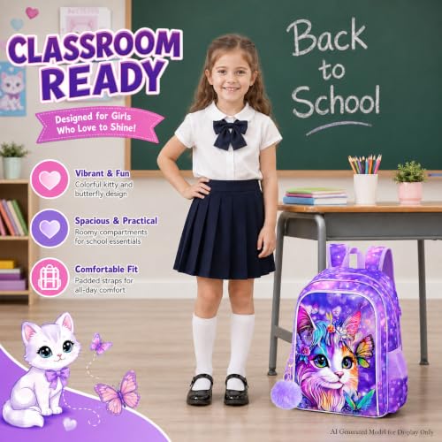 Image of 3Pcs Cat Backpack for Girls, 16 inch School Bookbag Set with Lunch Box，Kids Backpacks for Elementary Preschool Kindergarten (Purple)