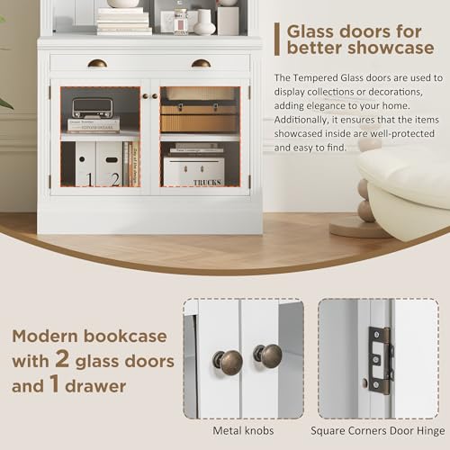 Image of 83.4 inch White Tall Bookshelf with 3-Layers LED Lighting, Modern Bookcase with 2 Glass Doors and 1 Drawer,Storage Bookcase with Open Shelves for Living Room,Home Office (White+Glasses)