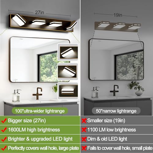 Image of Torondo 360 Rotate LED Bathroom Vanity Light Fixtures, Acrylic Vanity Lights for Bathroom, Modern Wall Lighting Fixtures Over Mirror Living, Oil Rubbed Bronze, Natural White, 4-Light, 27-Inch