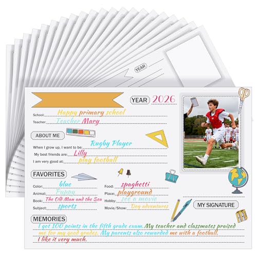 Motipuns 32 Sheets School Year Keepsake Organizer Paper School Memory Questionnaire for Kids K-12 First Day Classroom Keepsake Storage Papers Student Info Record Personal Growth Tracking (Simple)
