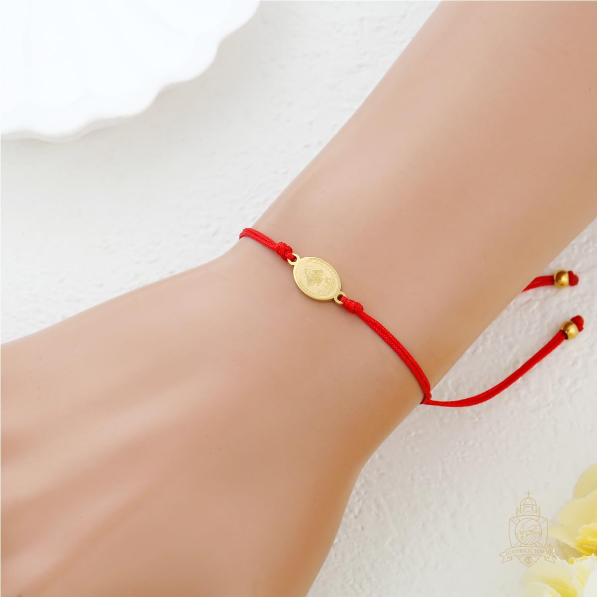 Catholic Town adjustable red cord bracelet with stainless steel Virgen de la Caridad del Cobre (Our Lady of Charity) medal (SSBCSMH-RED) - Image 2
