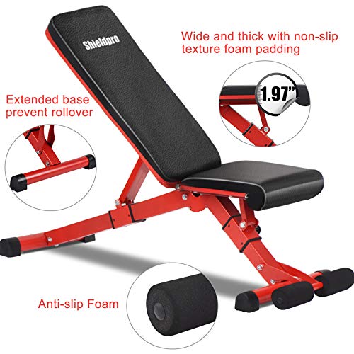 SHIELDPRO Weight Bench, Adjustable Bench for Full Body Workout with Fast Folding Upgraded Incline/Decline Wider Backrest/Seat，Home Gym