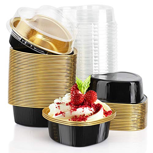 Aluminum Foil Cups Eusoar 34oz 50pcs Baking Cups with Lids Snacks Desserts Flan Cupcake Crisp Pie Ramekin Recyclable Catering Gathering Club Shower Wedding Party Favor-Black Gold